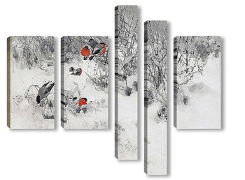 Модульная картина Зимний пейзаж с снегирями