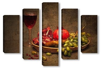 Модульная картина Натюрморт с виноградом, спелым гранатом и бокалом красного вина
