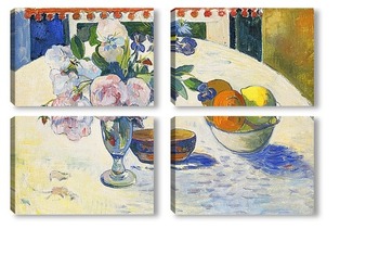 Модульная картина Цветы и ваза с фруктами на столе