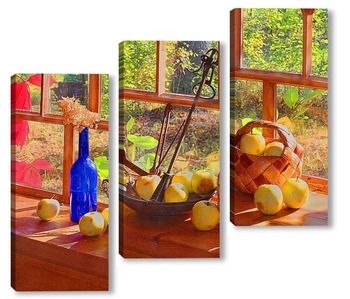 Модульная картина Натюрморт с безменом и яблоками.