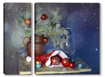 Модульная картина Новогодний фото с ветками ели и новогодними игруками