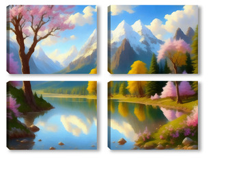 Модульная картина Весна в горах с видом на озеро