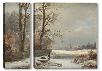 Модульная картина Человек с санями в зимнем пейзаже