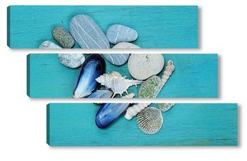 Модульная картина ракушки и камни на голубой деревянной поверхности