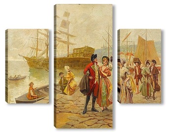 Модульная картина Картина художника XIX века, порт, мужчина, женщина