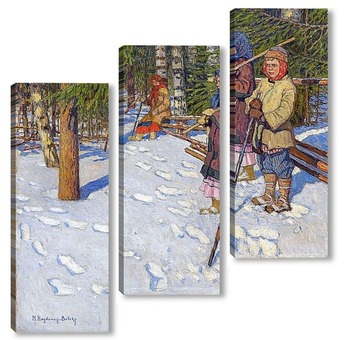 Модульная картина Дети в зимнем лесу