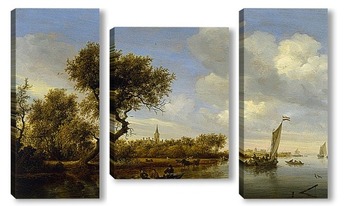 Модульная картина Речной пейзаж с церковью в далеке