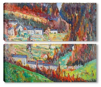 Модульная картина Деревня в осенем пейзаже