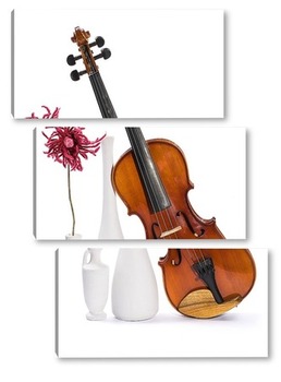 Модульная картина Скрипка, две белых вазы и цветок