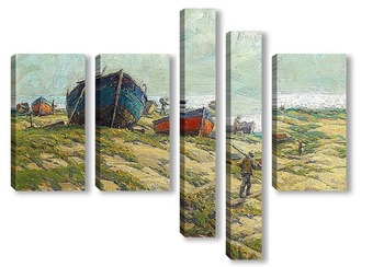 Модульная картина Рыбаки и рыбацкие лодки на берегу