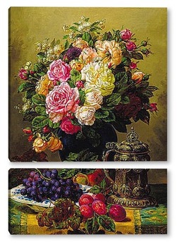 Модульная картина Натюрморт с розами, виноградом и сливой