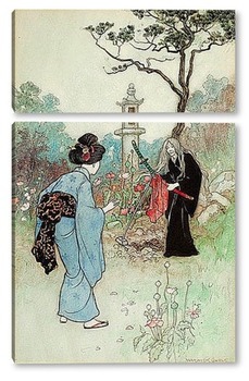 Модульная картина Медсестра, Зеленая ива и другие книжные иллюстрации японских ска