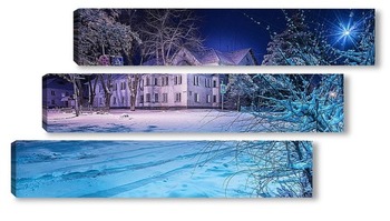 Модульная картина Старое жилое здание ранним зимним утром окружено присыпанными снегом деревьями и дорожными знаками.