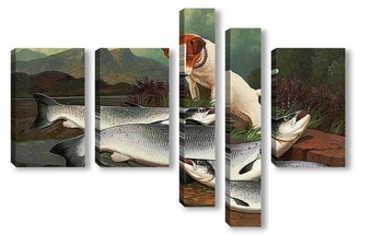 Модульная картина Терьер и три лосося