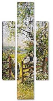 Модульная картина Летний пейзаж с детьми у ворот