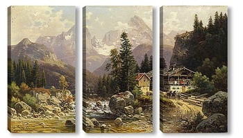 Модульная картина Альпийский пейзаж с мельницей