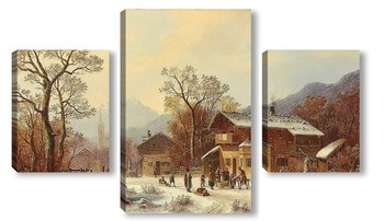 Модульная картина Горная деревня зимой