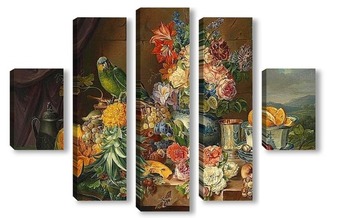 Модульная картина Натюрморт с фруктами,цветами и попугаем