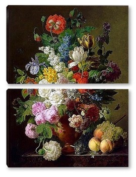 Модульная картина Ваза с цветами, персики и виноград