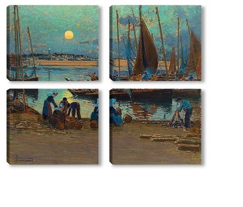 Модульная картина Восход луны над портом, Конкарне