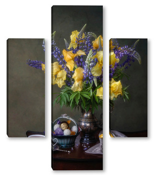 Модульная картина Натюрморт с букетом цветов на чайном столике