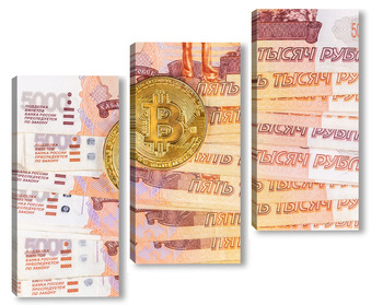 Модульная картина Bitcoin coins on Russian banknotes	