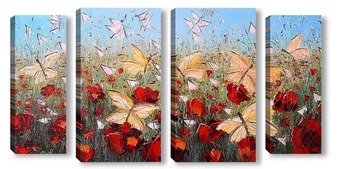 Модульная картина Картина маслом. Маковое поле с бабочками.  Холст 30х60