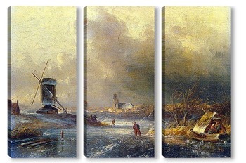 Модульная картина Зимний пейзаж с Конькобежцами на Замерзшей реке