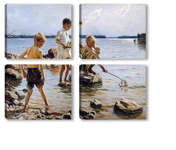 Модульная картина Мальчики играют на пляже