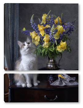 Модульная картина Букет ирисов и любопытная кошка