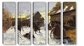 Модульная картина Военное сражение в снежной деревне