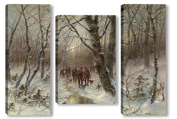 Модульная картина Охотники в зимнем лесу