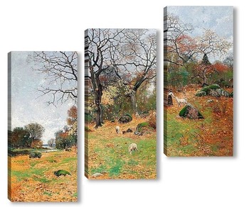 Модульная картина Осенний пейзаж с девушкой пастбища и скот