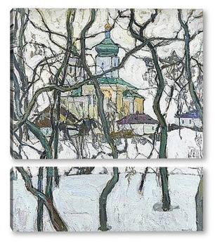 Модульная картина Зимняя сцена с церковью