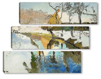 Модульная картина Зимний пейзаж и Сельскохозяйственное владение на реке