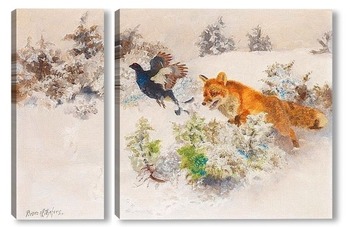 Модульная картина Зимний пейзаж лиса и тетерев