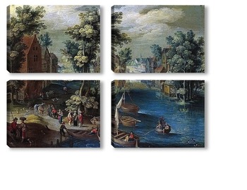 Модульная картина Речной пейзаж с лодками