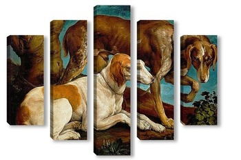 Модульная картина Две охотничьи собаки, привязанные ко пню