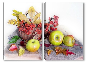 Модульная картина Ягоды рябины в лукошке и яблоки