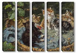 Модульная картина Пять котят в корзине