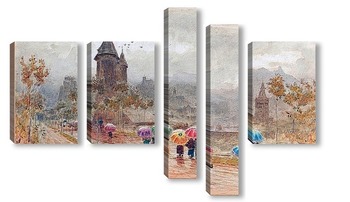 Модульная картина Сион, Долина Роны, дождливый городской пейзаж с зонтиками