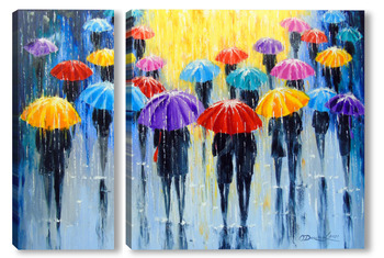 Модульная картина Дождь в разноцветных зонтах 