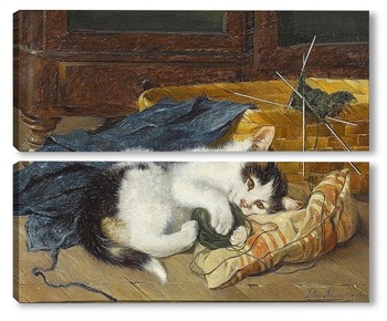 Модульная картина Играя с мячом шерсти ,котенок на голубом одеяле
