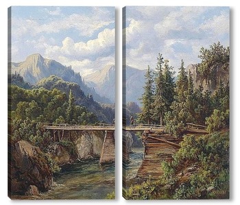 Модульная картина Деревянный мост о горном потоке в 1861