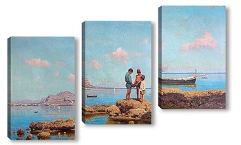 Модульная картина .Дети на рыбалке в заливе Палермо, на фоне горы Пеллегрино