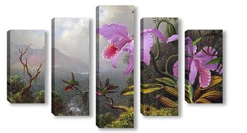 Модульная картина Две колибри на ветке рядом с двумя орхидеями