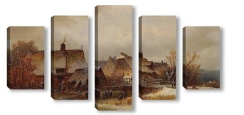 Модульная картина Зимний пейзаж деревни