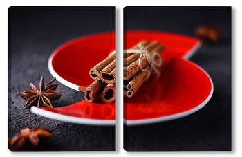 Модульная картина Корица и анис на красной расколотой тарелке.
