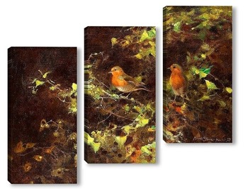 Модульная картина Красные птицы на ветвях