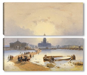 Модульная картина Санкт-Петербург: катание на Санях по Неве с видом на Адмиралтейство, Исаакиевский собор, медный всад
